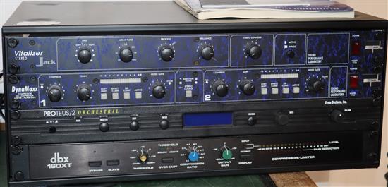 A rack unit, including SPL Vitalizer stereo, Dynamaxx compressor, Proteus 2 orchestral unit and DBX 160 x T compressor